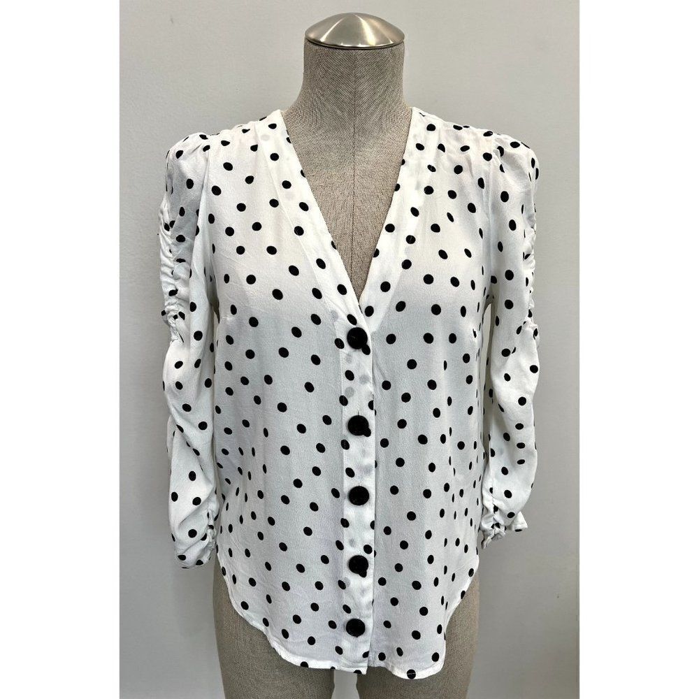 Anthropologie White and Black Polka Dot V-Neck Blouse